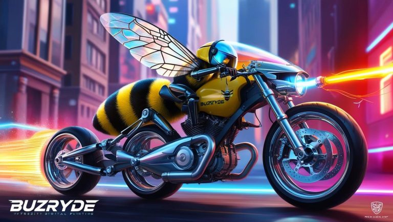 BuzRyde is a futuristic hybrid creature, combining the sleek body of a bee with the high-tech elements of a motorcycle. The main body retains the typical yellow and black stripes of a bee, but now it ha (2)
